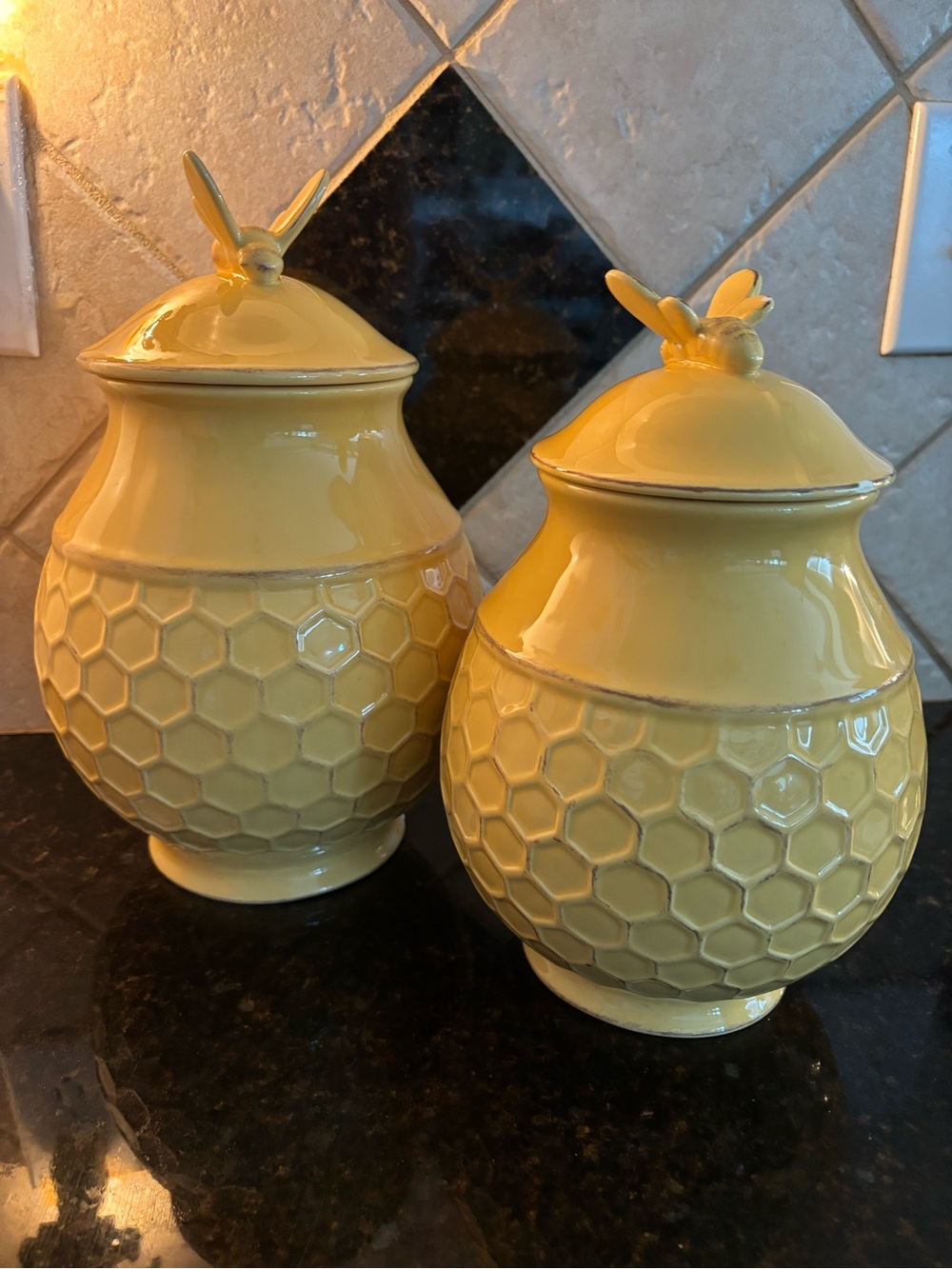 Yellow Honeycomb Ceramic Canister with Bee Lid - Home Accents